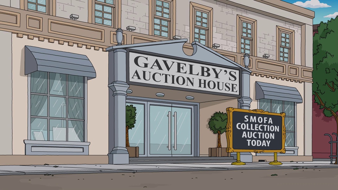 Eine animierte Darstellung eines traditionellen Auktionshauses namens 'GAVELBY'S AUCTION HOUSE', das die Atmosphäre von Auktionen symbolisiert, die nun digital transformiert werden.